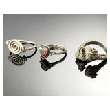 Vintage Sterling Silver Garnet Ring, Ram Head & Spiral Wire Rings - Lot of 3