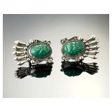 Vintage Mexican Sterling Silver Carved Green Onyx Mask Screw Back Earrings Lot