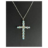 Sterling Silver & Rainbow Fire Opal Cross Necklace, 20" Italy 925 Box Chain