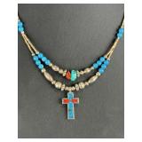 Southwest Liquid Silver Turquoise Coral Cross Pendant Necklace 18in