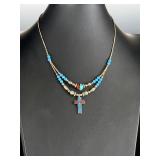 Southwest Liquid Silver Turquoise Coral Cross Pendant Necklace 18in