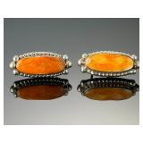 Navajo AY Sterling Silver Orange Spiny Oyster Shell Post Earrings, Signed