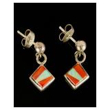 Native American Vintage Sterling Silver Opal Coral Inlay Post Earrings
