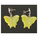 Carved Serpentine Jade Butterfly Earrings Sterling Silver Whimsical Boho Studs