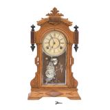 Antique Oak Gingerbread Parlor Clock - Etched Bird Glass, Key & Pendulum