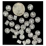 999 Fine Silver 1 Gram Bullion Rounds, Bars & 1964 Kennedy Half Dollar Lot
