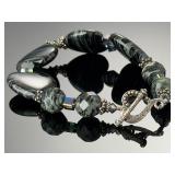 Zebra Jasper Heart Toggle Bracelet 7" Artisan Beaded Silver Tone