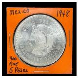 1948 Mexico 5 Pesos Cuauhtémoc .900 Silver Coin, Uncirculated Appearance