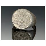 Vintage Mexican Sterling Silver Aztec Calendar Sun Stone Ring 925 MEX