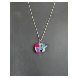 Sterling Silver Zuni Style Multi-Stone Inlay Bear Pendant Necklace, 925 Italy