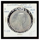 1914-A German Empire Prussia 3 Mark .900 Silver Coin Wilhelm II Uncirculated