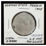 1905-A German Empire Prussia 2 Mark .900 Silver Coin Wilhelm II
