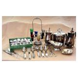 EAT083- Japanese Tea Set, Silver Plated, & Silver Colored Dishes 