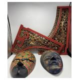 EHE031 - Multi lot of Wood carved Bali Batik Masks & Chinese door head art piece 