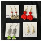 EHE166 - Myrna Lee Chang Coral, Fresh Water Pearl, Red Elephant, & Enamel FrogEarrings