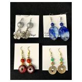 EHE182 - Myrna Lee Chang Fresh Water Pearl, Blue Glass, Aisian Coin, & Red Bead Earrings