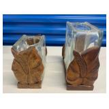 EHE305 - Rare Pair of Beautiful Vintage Hawaiian Glass Etched Blocks with Wood Bases by Frank Oda?