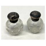 EHE320 - Pair of Collectible Antique Etched Glass Salt & Pepper Shakers 