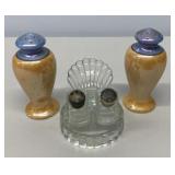EHE322 - Vintage Lusterware & Clear Pressed Glass Salt & Pepper Shakers w/Tray Sets