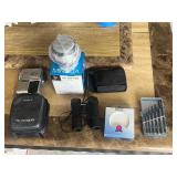 EHE422 - Assorted Camera Accessories, Binoculars, Mini Screwdriver Set