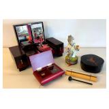 EFF015 Japanese Vintage Porcelain & Wooden Music Boxes, Wood Box & Meditation Bell 