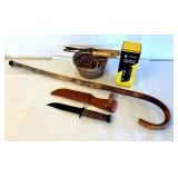 EFF016 USMC Knife With Leather Sleeve, Carved Wood Cane, & Miscellaneous Garage Items 