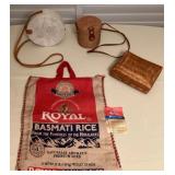 MHH096 Two Woven Basket Bags, Jute Basmati Rice Bag Tote & Woven Box