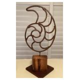 MHH134 Metal Nautilus Shell Brutalist Sculpture on Wooden Base