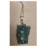 MHH178 Carved Jade Lucky Neko Cat Pendant & 17” Sterling Silver Chain New