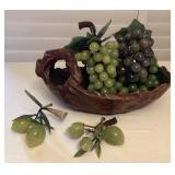 MMC043 Vintage Carved Wooden Basket & Acrylic Grape & Peach Clusters