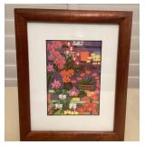 MMC090 Koa Framed Picture Of Orchids & A Sleeping Dachshund By Rosalie Prussing 