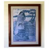 AKC016 - Large Yvonne Chang Print Hawaiian Kapa Koa Wood Frame and Matted