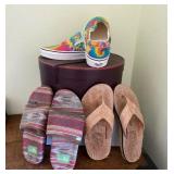 AKC052 - Pair of Vans Classic Slip-On Rainbow Tie Dye Unisex Sneakers, Sanuk Slippers & Flip-Flops 