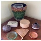AKC062 - Vintage Robinson Ransbottom Planter, Green Glass Plate, Woven Basket & More Folk Art