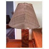 AKC067 - Beautiful Vintage Koa? Lamp with Textured Fabric Shade - Anthurium Carving
