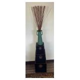 AKC070 - Stack of Decorative Wooden Asian Style Boxes, Green Vase, Dried Branches