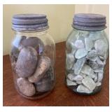 AKC081 Two Mason Glass Jars Filled with Smooth Rocks And Crystals