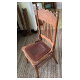 AKC091 - Unique Antique Wooden Pressback Oak? Chair w/Leather Upholstered Seat