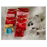 AKC122 Lot of Sterling and Costume Jewelry Earrings, Pins & Satin Jewelry Bags