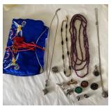 AKC155 - Lot of Vintage Costume Jewelry, Silk Bag, Bead Necklace, Pins, & More