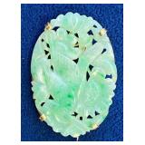 VBB506 Vintage Brooch/ Pendant Pierced-Carved Green Jadeite Jade Bird Among Flora