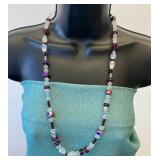 VBB514 Elegant Beaded Long Necklace – Purple, Frosted Glass & Iridescent Crystal