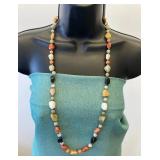 VBB517 Long Multi-Stone Beaded Necklace – Natural Stone Nugget & Earth Tone Artisan Style Necklace
