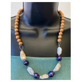 VBB518 Artisan Style Wooden Bead Necklace with Baroque Pearl Accents – Long Statement Necklace