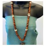 VBB519 Handcrafted Wooden Bead Necklace w/Huge White Cut Crystal & Garnet Pendant