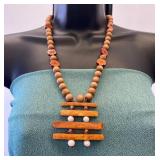 VBB520 Artisan Wooden Bead Necklace with Geometric Wood Pendant & Pearl-like Accents