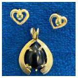VBB528 Vintage Teardrop Pendant Black Onyx in 14k Yellow Gold & Green Faceted Stones Earrings
