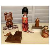 MCJ011 Japanese Wooden Kokeshi Dolls, Toothpick Holders & Carved Bear
