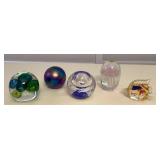 MCJ045 Four Art Glass Paperweights & An Oil Lamp