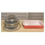 MCJ061 Vintage Blue Floral Ribbon & Speckled Pink Pyrex Dishes